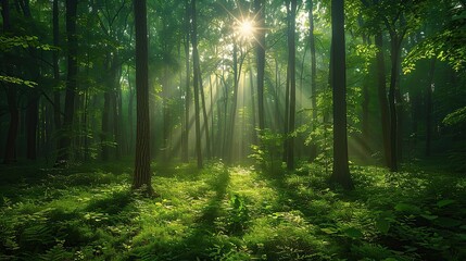 Fototapeta premium Lush green forest with sunlight filtering through the trees, representing the importance of environmental conservation and preserving natural habitats for biodiversity. Realistic photo. High