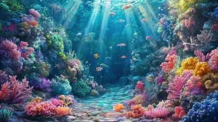 Naklejka premium Colorful coral reef with fish and sunlight.