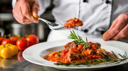 Chef Serving Beef Stew with Rosemary Garnish