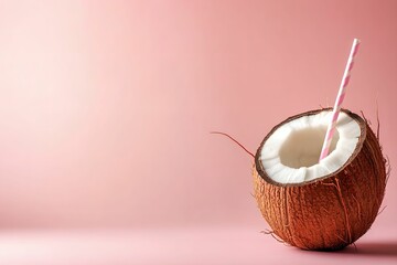 Fresh Coconut Drink with Straw on Solid Background, food, beverage, refreshing, tropical