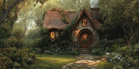 Fototapeta premium Stone cottage in a lush, green forest.
