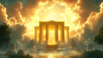 Naklejka premium Ethereal temple illuminated by a radiant, fiery sky.