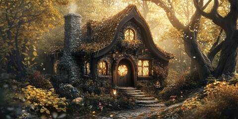 Fototapeta premium Stone cottage in a misty autumn forest.