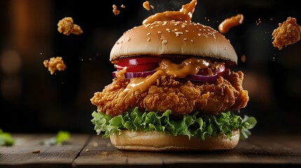 Dynamic Crispy Fried Chicken Burger with Flying Toppings, food, lettuce, tomato, meal