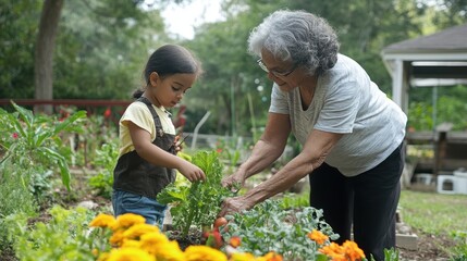 An elderly woman and a young girl garden together.