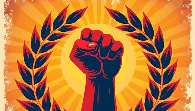 Raised fist symbol with determined mood representing solidarity against orange background