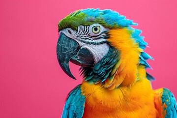 Obraz premium A striking parrot displays its vivid blue and yellow feathers while facing the camera. The bright pink background enhances the bird's colorful plumage, creating a stunning visual contrast