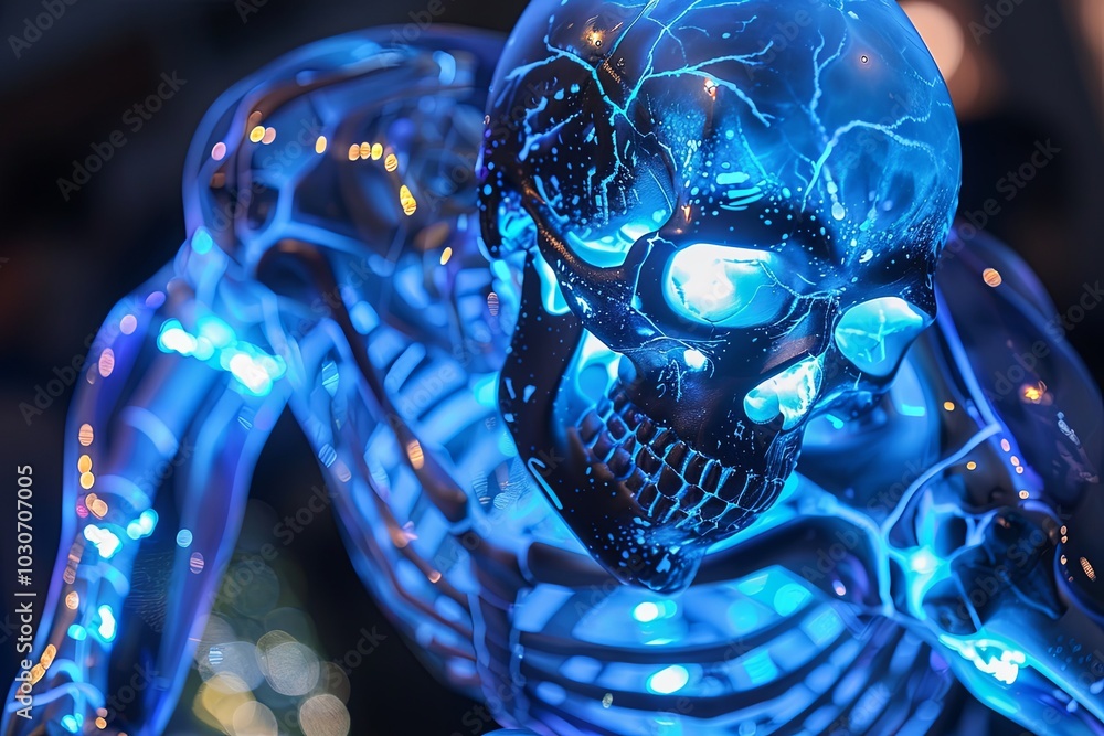 Poster a glowing blue skeleton figure with intricate details on display at a science event during the eveni