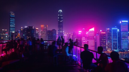 Night view of city skyline from rooftop bar.