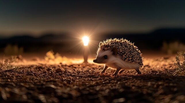 A hedgehog walking at night illuminated by a soft warm light, showcasing its unique spines against a dark background.