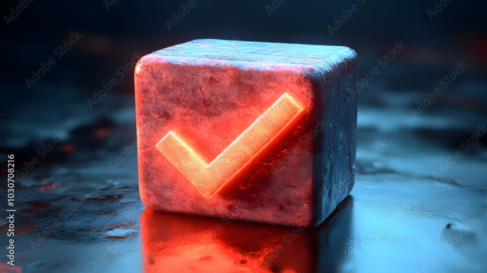 Poster a glowing checkmark symbol embedded in an icy cube.