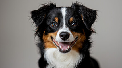 Fototapeta premium A dog with a black and brown coat is smiling and has its mouth open
