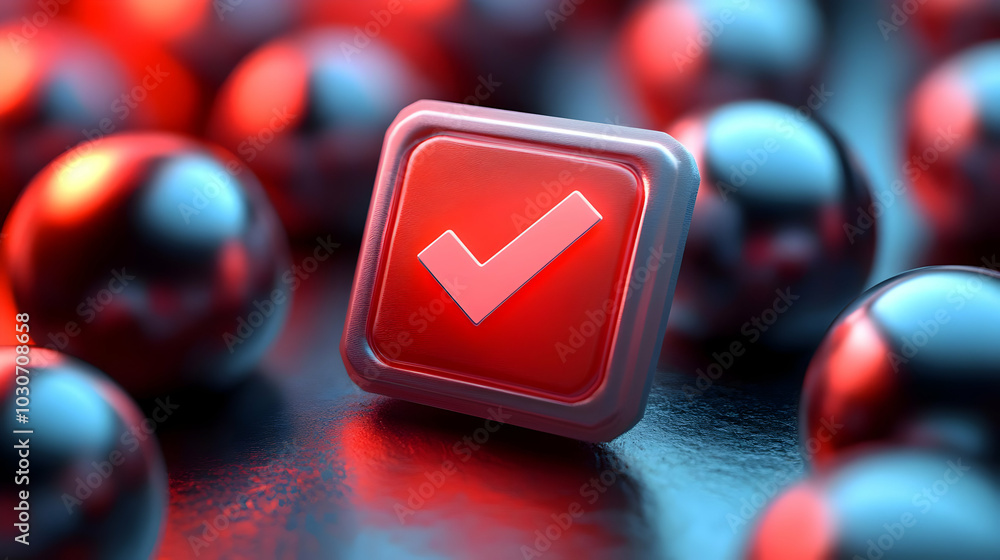 Poster a glossy checkmark button surrounded by reflective spheres.
