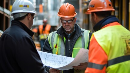 Fototapeta premium A construction manager in a hard hat, reviewing blueprints with workers on a busy construction site