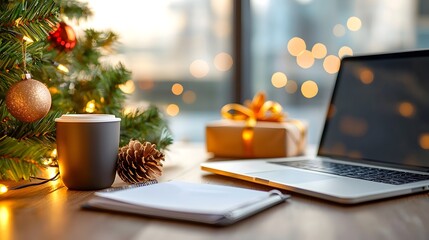 Cozy office workspace decorated for the holiday season with business documents laptops and a festive atmosphere to boost productivity and morale during the winter months