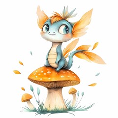 Cute Baby Fairy Dragon Sitting on Mushroom