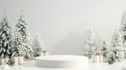 A white podium in a snowy forest with Christmas trees and gifts