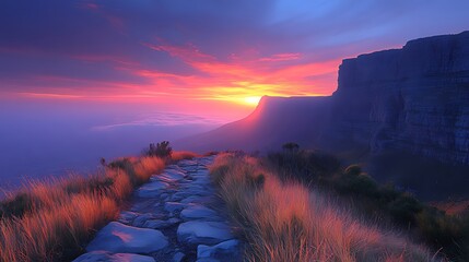 A winding stone path leads to the edge of a cliff, overlooking a breathtaking sunset over a misty valley.