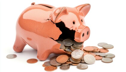 A close-up of a piggy bank, cracked open with coins spilling out, isolated on a white background