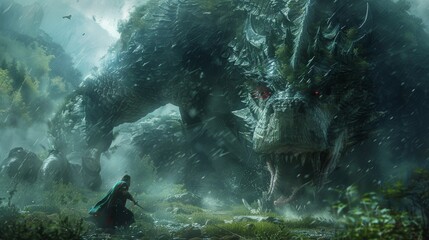 Fototapeta premium Epic battle scene featuring a hero clashing with a massive scaled beast in a rich, enchanted woodland