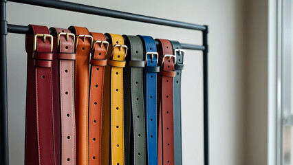 A variety of colorful belts on a stylish display rack, featuring diverse textures and buckles, ideal for fashion and retail themes