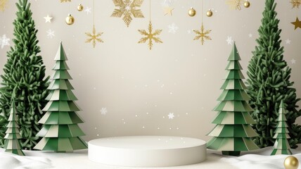 A white podium surrounded by Christmas trees and snowflakes