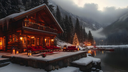 Fototapeta premium Cozy cabin by a snowy lake at dusk, surrounded by mountains.