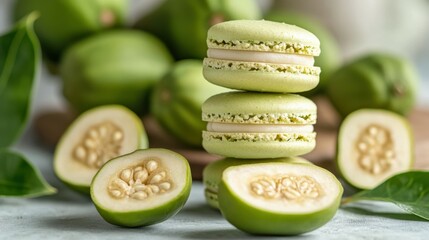 Feijoa Macarons with Fresh Halved Fruits Display