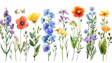 Detailed vector set of spring flowers and greenery, featuring bright colors and intricate details