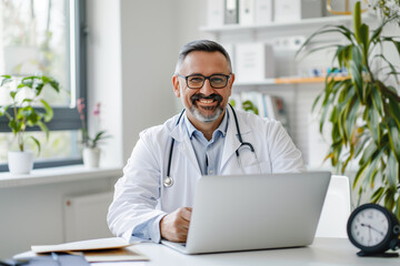 Confident doctor using a laptop in a well-lit office, enhancing patient engagement and medical services through digital healthcare technology