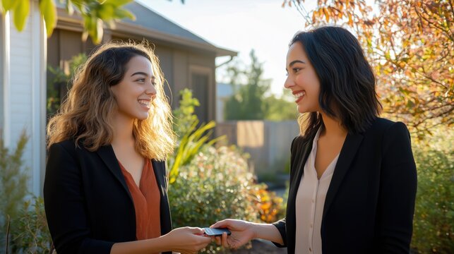 Two realtors engage in a friendly conversation with their client in a sunny garden