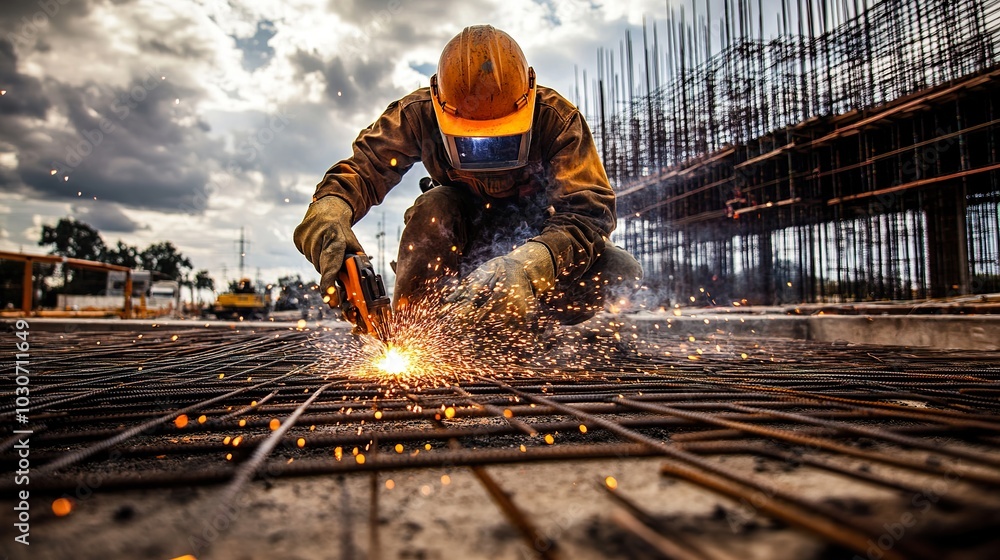 Poster a construction worker using a welding torch, sparks flying, with a building structure in the backgro