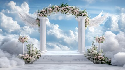 A heavenly wedding arch adorned with flowers and angel wings, set against a bright sky with fluffy clouds, evoking elegance and spirituality..