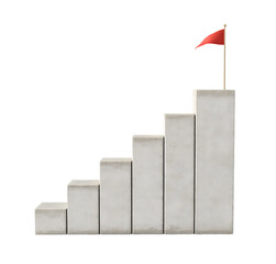 Concrete stair steps rise progressively, culminating in a red flag positioned on the highest step, symbolizing success isolated on transparent background. PNG file, cut out