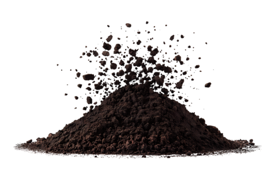 Flying Dirt and Scattered Soil pile isolated on transparent background. PNG file, cut out