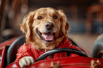 A cheerful dog wearing a bright red jacket sits in a toy car, gripping the steering wheel with an excited expression, showcasing a fun indoor atmosphere filled with playful energy