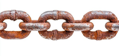 Fototapeta premium A detailed close-up of a large industrial chain with rust and heavy wear, isolated on a clean white background