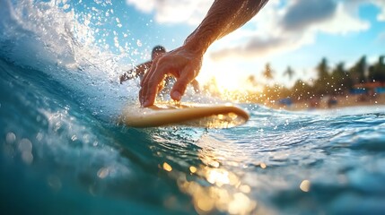 Surfer catching a glowing golden wave at the break of dawn on a peaceful and tranquil coastal seascape  The water reflects the vibrant sunrise colors creating a stunning and energetic scene