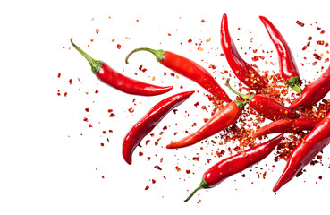 Red chili peppers falling bursting isolated on transparent background. PNG file, cut out