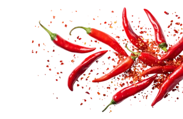 Red chili peppers falling bursting isolated on transparent background. PNG file, cut out