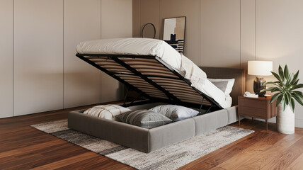 modern bedroom featuring stylish bed with lift up storage mechanism, hardwood flooring, and neutral tones. cozy atmosphere is enhanced by decorative pillows and plant