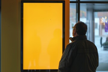 Display mockup man in his 50s in front of a interactive digital board with a completely yellow screen