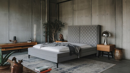 modern gray ottoman bed with quilted headboard is focal point of this stylish bedroom. minimalist decor features concrete walls, wooden furniture, and decorative plants, creating serene atmosphere