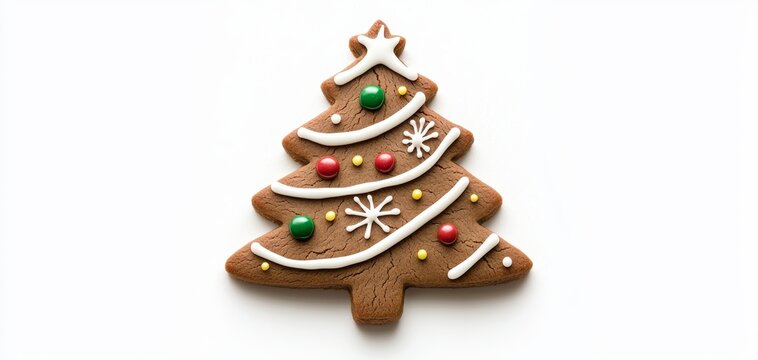 A detailed gingerbread cookie in the shape of a Christmas tree, decorated with colorful icing, isolated on white