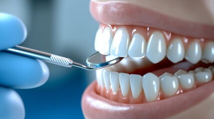 Close-up of a dental examination showing a patient's teeth, dental mirror, and tools, highlighting oral health and professional care..