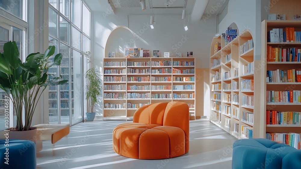 Wall mural 120. a wide empty space in a bright bookstore with plush seating