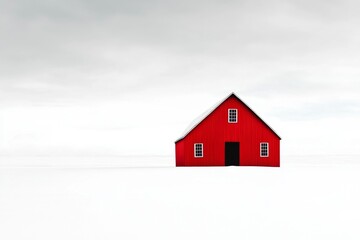 Minimalist Winter Scene with a Red Barn in a Snowy Landscape Under Overcast Skies