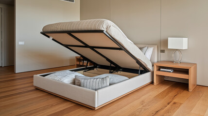 modern bedroom featuring stylish bed with lift up storage mechanism, complemented by hardwood flooring and minimalist decor. space exudes sense of comfort and functionality