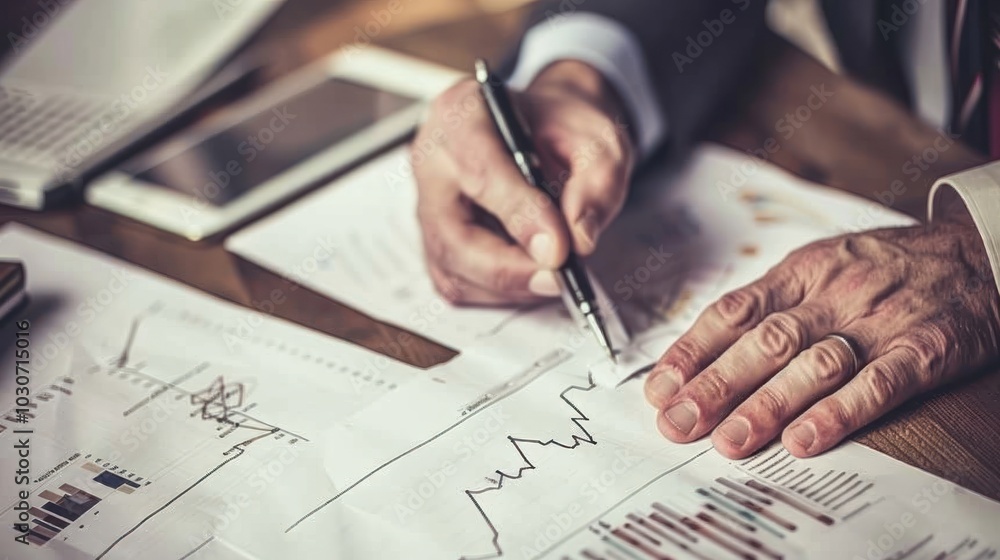 Poster a hand tracing a line graph with a pen on a sheet of paper