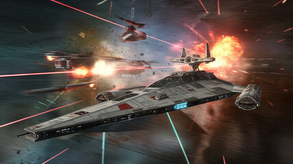 starship is engaged in intense space battle, surrounded by explosions and enemy ships. scene captures chaos and excitement of interstellar combat, showcasing advanced technology and dynamic action